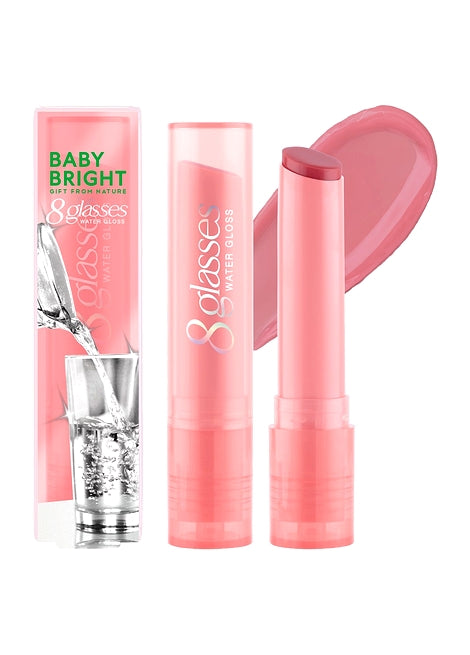 Pink lipstick with packaging and '8 glasses' branding on a white background