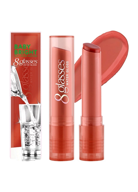 8 glasses water gloss lip balm with packaging on a white background