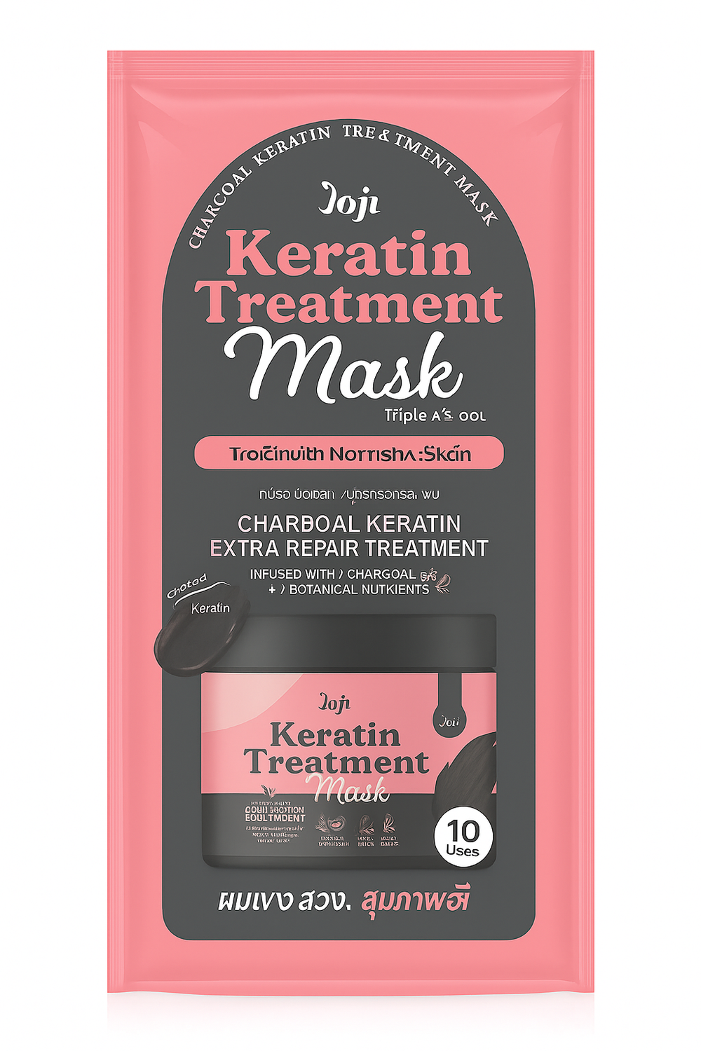 Joji Keratin Treatment Mask packaging with pink and black design on a white background