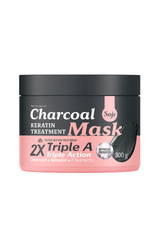 Charcoal keratin treatment mask jar with black and pink design on a white background