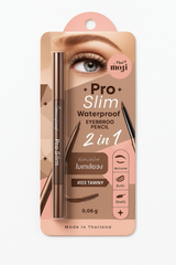 Pro Slim Waterproof Eyebrow Pencil packaging with an eye and eyebrow illustration on a white background