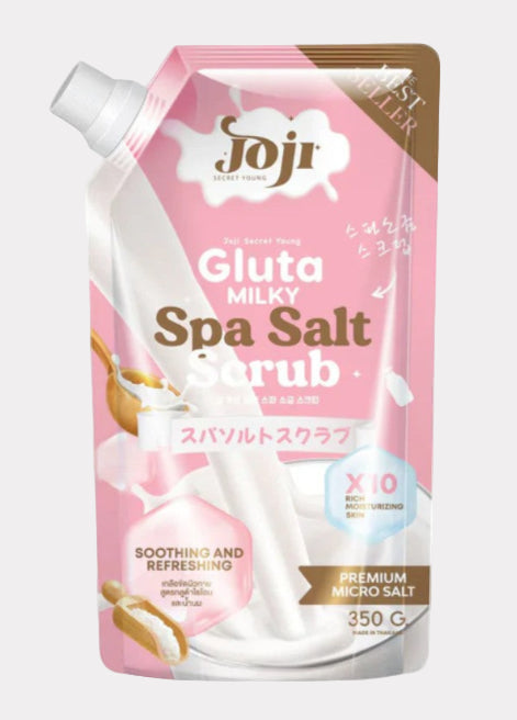 Pink packaging of Foji Gluta Milky Spa Salt Scrub on a white background