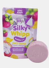 Silky Whipp bubble soap packaging with a pink soap bar on a white background