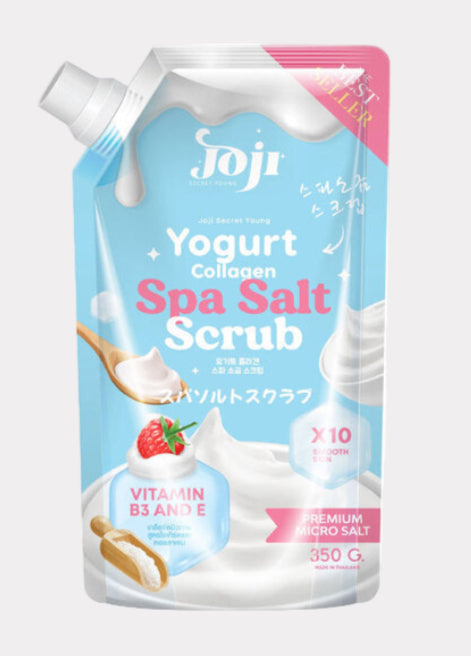 Joji Yogurt Collagen Spa Salt Scrub packaging on a white background