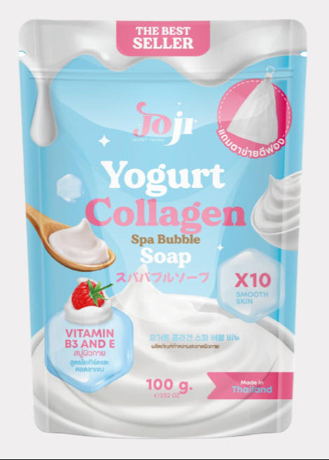 Yogurt collagen soap package with blue and white design