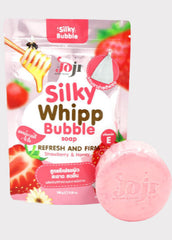 Silky Whipp Bubble soap packaging with strawberry and honey flavor on a white background