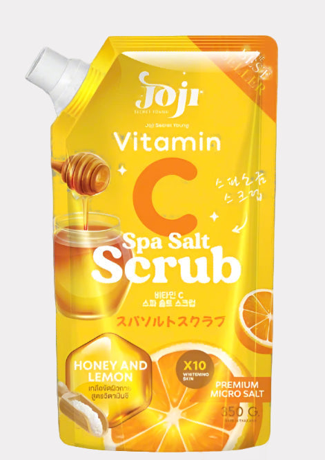 Packaging of Joji Vitamin C Spa Salt Scrub with honey and lemon flavor on a white background