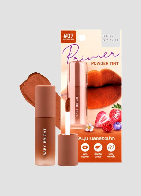 Baby Bright lipstick and primer packaging on a light gray background