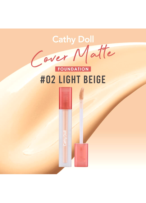 Cathy Doll Cover Matte Foundation #02 Light Beige packaging on a beige background