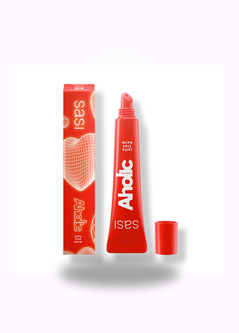 Red lip balm with packaging on a white background