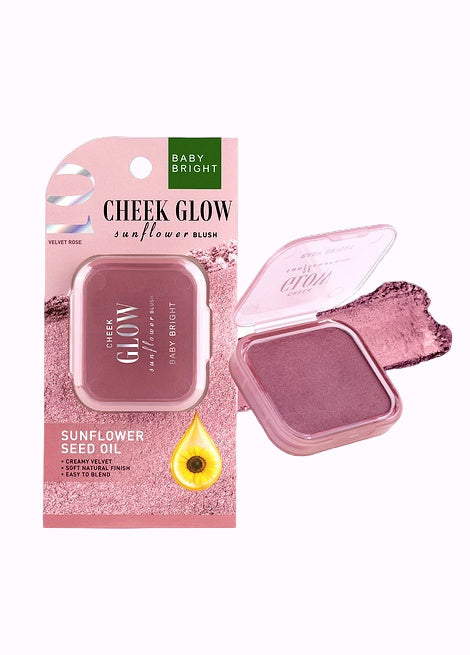 Baby Bright Cheek Glow sunflower blush with packaging on a gray background