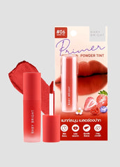 Red lip product with packaging featuring strawberry and blueberry graphics on a light gray background