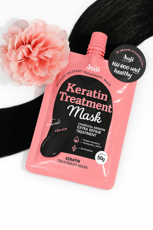 Keratin treatment mask packaging with a pink flower on a white background