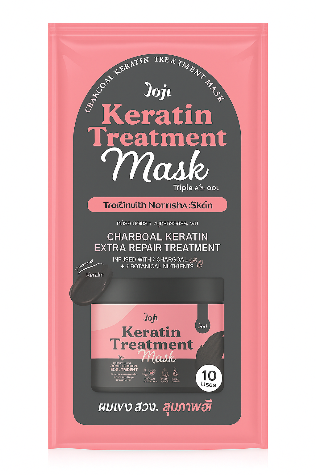 Joji Keratin Treatment Mask packaging with pink and black design on a white background