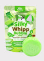 Silky Whipp Bubble soap packaging with a green bar of soap on a white background