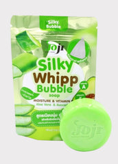 Silky Whipp Bubble soap packaging with a green bar of soap on a white background