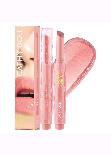 Cathy Doll lip product set with pink lipstick and gloss on a white background