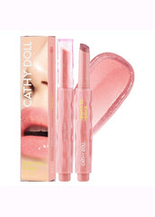 Cathy Doll lip product set with pink lipstick and gloss on a white background