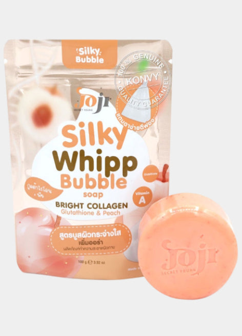 Silky Whipp Bubble soap packaging with a bar of soap on a white background