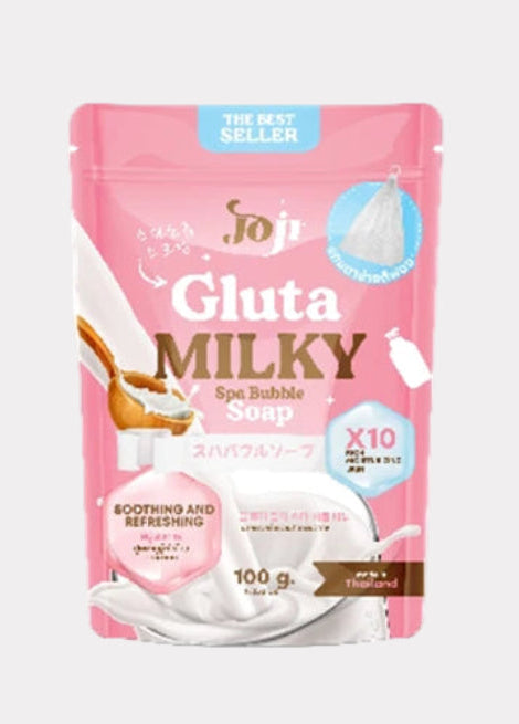 Pink package of Gluta Milky Spa Bubble Soup with branding and product details on a white background