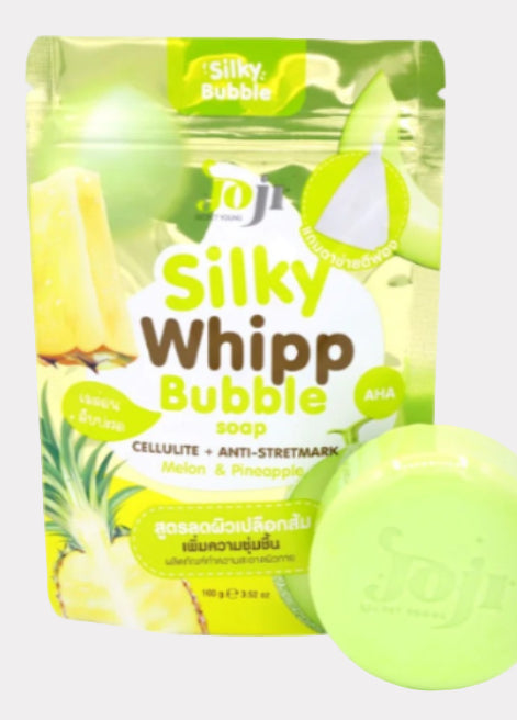 Silky Whipp Bubble Soap packaging with a pineapple illustration on a white background