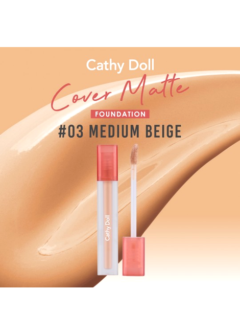 Cathy Doll Cover Matte Foundation #03 Medium Beige with applicator on a beige background