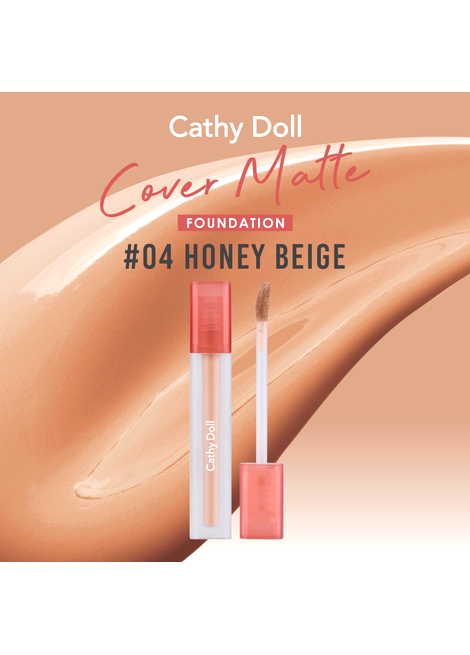 Cathy Doll Cover Matte Foundation #04 Honey Beige with packaging on a beige background