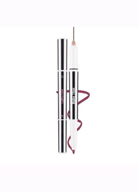 Lip liner with silver casing and red design on a white background