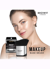 Woman with makeup products including a brush and packaging on a white background, featuring the brand 'Browit'.
