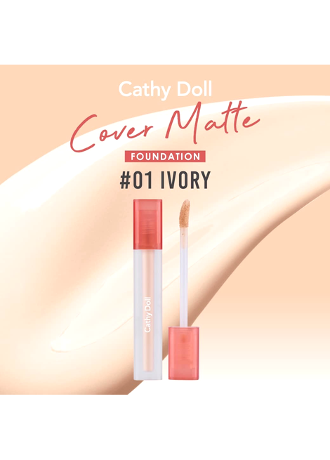 Cathy Doll Cover Matte Foundation #01 Ivory packaging on a beige background